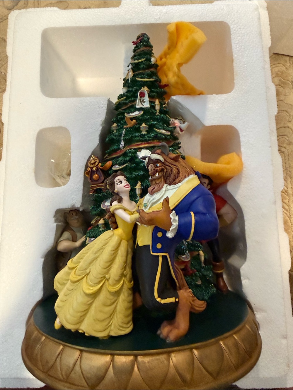 Disney Beauty and the Beast Yellow and Blue Holiday Figurine with Green Tree